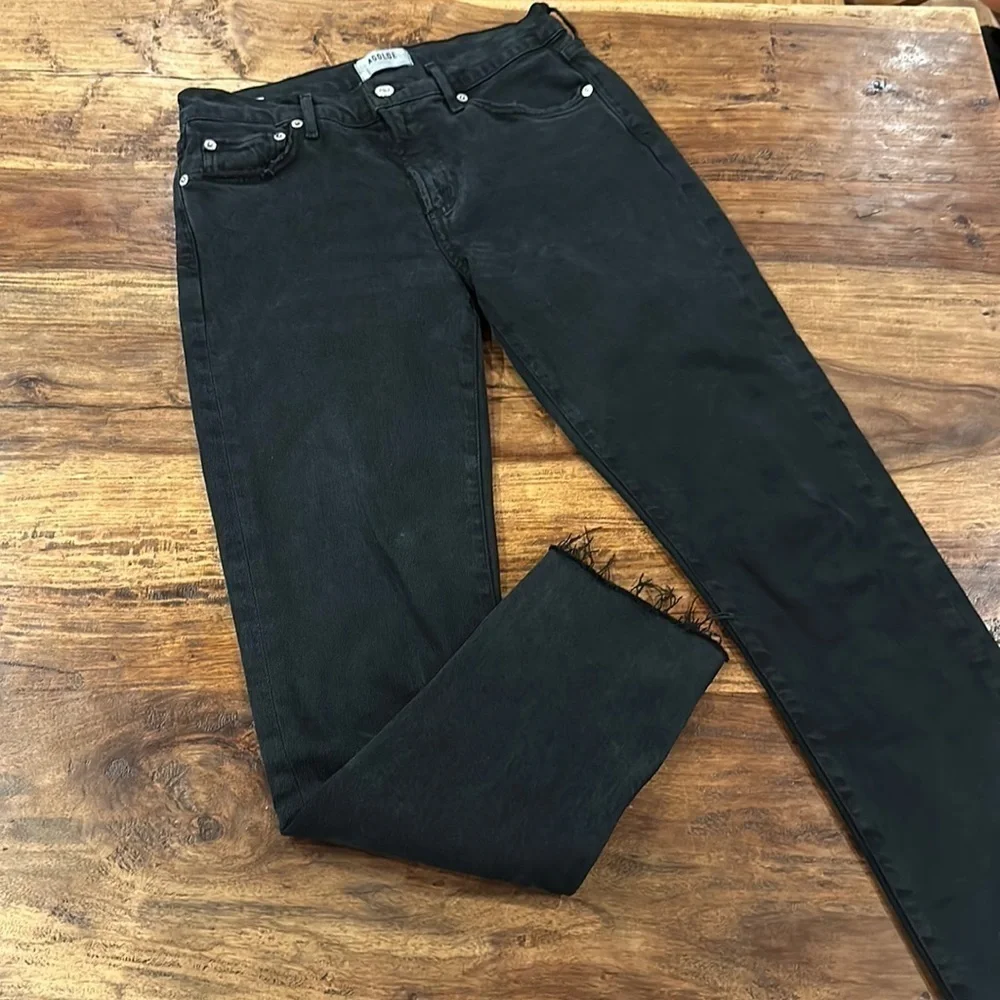 Agolde Toni Mid Rise Straight Leg Jeans Distressed Raw Fray Hem Black Wash sz 26